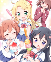 4girls ahoge black_hair blonde_hair blue_skirt bow bowl bowtie brown_hair child closed_eyes closed_mouth commentary_request eating flower food green_eyes hair_bow hair_flower hair_ornament hair_over_one_eye hazuki_(sutasuta) highres himesaka_noa holding holding_bowl holding_food holding_ice_cream_cone holding_popsicle holding_spoon hoshino_hinata hoshino_miyako_(wataten) ice_cream ice_cream_cone jacket kneehighs long_hair medium_hair multiple_girls one_side_up open_clothes open_jacket open_mouth orange_hair own_hands_together parted_bangs pink_flower pleated_skirt popsicle purple_eyes red_bow red_bowtie red_jacket sailor_collar school_uniform serafuku shaved_ice shirosaki_hana shirt short_sleeves skirt smile socks spoon triple_scoop utensil_in_mouth very_long_hair watashi_ni_tenshi_ga_maiorita! white_sailor_collar white_shirt white_socks