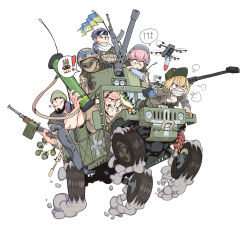 2girls 4boys ak-74m all-terrain_vehicle ammunition_pouch armband armored_vehicle assault_rifle balaclava beanie black_eyes black_hair blonde_hair blue_armband blue_eyes broken_glass broken_window brown_eyes bullet_hole bulletproof_vest camera cigarette combat_helmet cossack cossack_(polish_anon) crest dirt drawfag driving drone explosive facial_hair fgm-148_javelin glass grey_hair gun hat helmet kalashnikov_rifle leaning_forward load_bearing_vest looking_at_screen machine_gun marichka mazepynka military military_combat_uniform military_fatigues military_hat military_jeep military_operator military_patch military_uniform motor_vehicle multiple_boys multiple_girls muscular muscular_male mustache original pink_hair pkm pouch quadcopter rifle russo-ukrainian_war sharp_teeth simple_background smoking soldier speech_bubble spinning teeth torn_flag ukraine ukrainian_flag unlit_cigarette_in_mouth vehicle_focus weapon wheel white_background