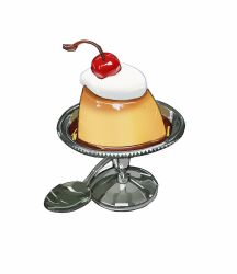 cake_stand cherry dessert food food_focus fruit highres no_humans original photoshop_(medium) pudding ramon_nunez simple_background spoon still_life whipped_cream white_background