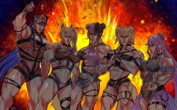 Rule 34 | 5girls, abs, animal ears, bikini, black bikini, blonde hair, breasts, cowboy shot, dog ears, dog girl, explosion, fuwawa abyssgard, grey hair, group picture, high ponytail, highres, holoadvent, hololive, hololive english, koseki bijou, large breasts, mococo abyssgard, multiple girls, muscular, muscular female, nerissa ravencroft, pointing, pointing at viewer, ponytail, purple hair, shiori novella, small breasts, swimsuit, virtual youtuber, yuri kyanon