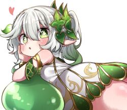 Rule 34 | 1girl, bare shoulders, blush, detached sleeves, dress, genshin impact, gold trim, gradient hair, green eyes, green hair, green sleeves, hair between eyes, hair ornament, head rest, highres, hourglass 02, leaf hair ornament, long hair, looking at viewer, lying, multicolored hair, nahida (genshin impact), on stomach, parted lips, pointy ears, side ponytail, sidelocks, simple background, sleeveless, sleeveless dress, solo, star-shaped pupils, star (symbol), symbol-shaped pupils, white background, white dress, white hair
