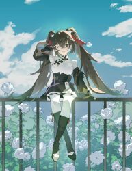 1girl absurdres black_boots black_gloves blue_sky boots brown_eyes brown_hair chinese_clothes cloud commentary_request flower girls&#039;_frontline girls&#039;_frontline_2:_exilium gloves highres id_card jiangyu_(girls&#039;_frontline_2) long_hair looking_at_viewer on_railing one_eye_closed open_mouth pantyhose partially_fingerless_gloves railing ryokushou_semi_(eloun) sitting sky smile twintails type_97_(girls&#039;_frontline) v white_flower white_pantyhose