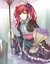 bouquet bracelet feather_hair_ornament flower green_eyes hair_ornament highres hosokawa_gracia japanese_clothes jewelry kimono long_sleeves obi parasol red_hair sash sengoku_musou tombstone twintails umbrella