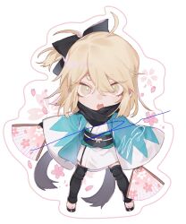 Rule 34 | 1girl, :d, black scarf, black thighhighs, blonde hair, bow, chibi, chibi only, fate/grand order, fate (series), full body, hair bow, hand fan, haori, holding, holding fan, japanese clothes, looking at viewer, medium hair, okita souji (fate), open mouth, outline, pink outline, scarf, signature, simple background, smile, solo, spread legs, standing, thighhighs, white background, yellow eyes, yoimon, zettai ryouiki