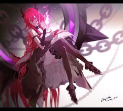 1girl absurdly_long_hair arknights bare_shoulders black_dress black_ribbon black_shoes blurry breasts chain chongyou_pomelo cleavage dated demon_horns depth_of_field dress fire hair_between_eyes hair_intakes horns jacket large_breasts long_hair looking_at_viewer purple_eyes purple_fire red_hair ribbon shade shoes signature smirk solo surtr_(arknights) thighhighs thighs very_long_hair