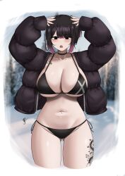 1girl absurdres arms_up bikini black_bikini black_choker black_eyes black_hair black_jacket black_nails blurry blurry_background blush border breasts choker cleavage collarbone commentary gluteal_fold gradient_hair groin halterneck hands_on_own_head highres jacket large_breasts leg_tattoo long_sleeves looking_at_viewer mole mole_on_breast mole_under_mouth multicolored_hair navel navel_piercing open_clothes open_jacket open_mouth original piercing pink_hair short_hair side-tie_bikini_bottom solo straight-on swept_bangs swimsuit tattoo teeth thighs upper_teeth_only white_border yukaraishin zipper zipper_pull_tab