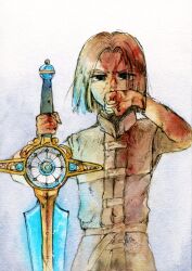 1boy blood blood_on_clothes blood_on_face blood_on_hands blue_eyes commentary_request dragon_quest dragon_quest_xi glowing glowing_sword glowing_weapon hero_(dq11) highres holding holding_sword holding_weapon limited_palette looking_at_viewer male_focus medium_hair mnnem painting_(medium) parted_hair partial_commentary planted planted_sword planted_weapon shirt sleeveless sleeveless_jacket solo sword traditional_media upper_body watercolor_(medium) weapon white_background wiping_mouth