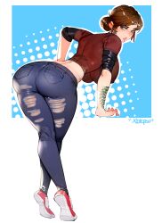 1girl absurdres arm_tattoo artist_name ass bent_over blue_pants breasts brown_hair brown_shirt denim ellie_(the_last_of_us) full_body green_eyes highres huge_ass huge_breasts jeans layered_sleeves long_sleeves looking_at_viewer pants red_footwear shirt short_hair short_over_long_sleeves short_sleeves solo tattoo the_last_of_us the_last_of_us_(series) topsu torn_clothes torn_pants updo