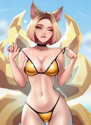 Rule 34 | 1girl, ahri (league of legends), artist name, biting own lip, blonde hair, blush, breasts, cowboy shot, day, facial mark, golden week, heart, highres, k/da (league of legends), k/da ahri, konomidraws, large breasts, league of legends, navel, one eye closed, outdoors, parted bangs, short hair, sideways glance, stomach, strap pull, whisker markings