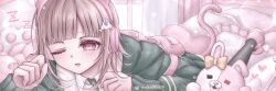 1girl ;o black_eyes black_shirt blush bow brown_hair collared_shirt commentary danganronpa_(series) danganronpa_2:_goodbye_despair ear_bow galaga green_jacket heterochromia jacket lying medium_hair monomi_(danganronpa) nanami_chiaki nikuooisi on_stomach one_eye_closed pillow pink_eyes pink_shoes red_eyes shirt shoes smile solo two-tone_shirt white_shirt