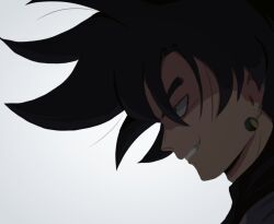 1boy black_bodysuit black_eyes black_hair bodysuit dougi dragon_ball dragon_ball_super earrings from_side goku_black grin h1mboenjoyer jewelry looking_ahead potara_earrings saiyan shaded_face smile solo spiked_hair