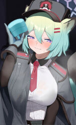 1girl absurdres akinoji_(akiponpon27) animal_ears black_background black_hat black_jacket blue_archive blue_hair blush breasts collared_shirt commentary_request flask gradient_hair green_hair hair_between_eyes hair_ornament hairclip halo hat highres holding holding_flask jacket large_breasts multicolored_hair necktie purple_eyes purple_halo red_necktie shigure_(blue_archive) shirt solo sweatdrop tail tie_clip watermark weasel_ears weasel_girl weasel_tail white_shirt