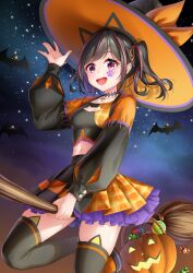 1girl :d absurdres bat_(animal) black_hair black_hat black_skirt black_thighhighs breasts broom broom_riding candy commentary_request food frilled_skirt frills hair_ribbon halloween halloween_bucket halloween_costume hat highres lollipop long_sleeves looking_at_viewer multicolored_hair navel open_mouth orange_ribbon orange_skirt original paw_print pink_eyes pleated_skirt puffy_long_sleeves puffy_sleeves red_hair ribbon rissenka skirt sleeves_past_wrists smile solo star_(sky) streaked_hair teeth thighhighs tongue upper_teeth_only witch witch_hat wrapped_candy