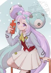 Rule 34 | 1girl, blue hair, blush, bow-shaped hair, breasts, character hair ornament, closed mouth, cosplay, gen 4 pokemon, grey jacket, hair ornament, holding, holding phone, iono (pokemon), jacket, long hair, long sleeves, looking at viewer, mizuiro123, multicolored hair, neckerchief, nintendo, official alternate costume, open clothes, open jacket, phone, pink hair, pokemon, pokemon masters ex, pokemon sv, purple eyes, red vest, rosa (academy) (pokemon), rosa (pokemon), rosa (pokemon) (cosplay), rotom, rotom phone, school uniform, shirt, skirt, solo, two-tone hair, vest, white shirt, white skirt, yellow neckerchief