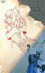 1boy absurdres ahoge armor black_gloves coat commentary cyrene_(honkai:_star_rail) drawing_(object) english_commentary gloves highres honkai:_star_rail honkai_(series) pauldrons phainon_(honkai:_star_rail) short_hair shoulder_armor single_pauldron solo thevarnese white_coat white_hair