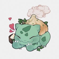 absurdres arelvab artist_name bulbasaur claws closed_eyes closed_mouth dumpling fangs food gen_1_pokemon heart highres jiaozi leaf nintendo no_humans pokemon pokemon_(creature) pokemon_focus simple_background smile steam white_background