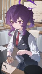 1girl 2024 alternate_costume black_pants black_vest blue_archive chiyo_akira closed_mouth coffee coffee_mug cup halo haruka_(blue_archive) haruka_(suit)_(blue_archive) highres holding holding_cup holding_kettle kettle long_sleeves medium_hair mug necktie pants ponytail purple_eyes purple_hair purple_halo red_necktie shirt sidelocks solo vest waiter white_shirt