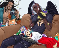 2girls 3boys age_difference babysitter braid brother_and_sister camera child dark_skin english_text facial_hair father_and_daughter half-closed_eyes horns hug japanese_clothes joujou_(joudoodles) kaidou_(one_piece) king_(one_piece) long_hair looking_at_another multicolored_hair multiple_boys multiple_girls muscular mustache one_piece open_clothes open_shirt page_one_(one_piece) ponytail red_eyes serious siblings single_braid sitting size_difference sleeping stuffed_animal stuffed_toy two-tone_hair ulti_(one_piece) wings yamato_(one_piece) aged_down