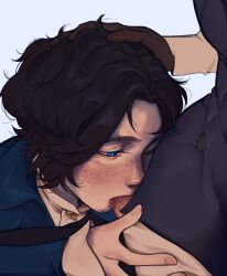 2boys absurdres black_hair blue_eyes blue_jacket brown_gloves chisps commentary deepthroat english_commentary fellatio freckles frilled_sleeves frills gloves hand_on_another&#039;s_head hand_on_another&#039;s_thigh highres jacket lies_of_p long_sleeves looking_at_penis male_focus multiple_boys oral pinocchio_(lies_of_p) shirt short_hair solo_focus tearing_up tears wavy_hair white_background white_shirt yaoi