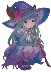 Rule 34 | 1girl, animal ears, blue bow, blue hair, blush, boots, bow, bowtie, brooch, broom, brown boots, cat, cat ears, closed mouth, collar, collared dress, dress, fold-over boots, footwear bow, frilled collar, frills, half up braid, hand on own knee, hat, hat ribbon, highres, holding, holding broom, idolmaster, idolmaster cinderella girls, idolmaster cinderella girls starlight stage, jewelry, lace-up boots, long hair, looking at viewer, michii yuuki, pero (idolmaster cinderella girls), print headwear, purple robe, red eyes, ribbon, robe, sajo yukimi, sleeveless, sleeveless dress, smile, solo, squatting, white bow, white bowtie, witch hat