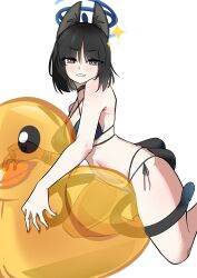 1girl absurdres animal_ears bikini black_hair blue_archive breasts cat_ears cat_girl cat_tail halo highres kikyou_(blue_archive) kikyou_(swimsuit)_(blue_archive) rubber_duck short_hair swimsuit tail