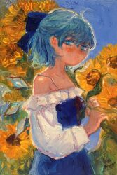 1girl blue_dress blue_eyes blue_hair blue_sky blush bow cirno closed_mouth dress flower frills hair_bow highres ice ice_wings long_sleeves looking_at_viewer painting_(medium) pout sky solo sunflower svveetberry touhou traditional_media wings