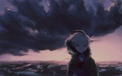 1girl blue_eyes blue_hat closed_mouth cloud cloudy_sky commentary dress fur-trimmed_hood fur_trim green_jacket grey_hair hai_(haihki) hair_between_eyes hat holding holding_unworn_clothes holding_unworn_hat hood hood_down hooded_jacket jacket kantai_collection looking_at_viewer neckerchief ocean outdoors sailor_collar sailor_dress short_hair sky solo unworn_hat unworn_headwear upper_body water z1_leberecht_maass_(kancolle)
