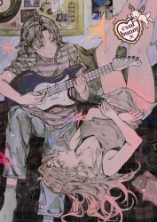 Rule 34 | 2girls, artist name, bare legs, bare shoulders, black nails, bra strap, breasts, brown eyes, camisole, closed mouth, commentary, ctnplant, electric guitar, foot out of frame, gorillaz, grey hair, guitar, headphones, headphones removed, heart, highres, holding, holding guitar, holding instrument, instrument, kininatteru hito ga otoko ja nakatta, knee up, koga mitsuki, long hair, looking at another, lying, medium breasts, medium hair, midriff peek, multiple girls, muted color, on back, on bed, oosawa aya, pants, paper, parted bangs, photo (object), pillow, poster (object), shirt, short sleeves, shorts, sitting, socks, star (symbol), striped clothes, striped shirt, t-shirt, vinyl record