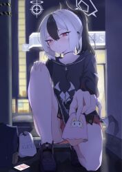 1girl absurdres alley black_hair black_hoodie black_horns blue_archive blue_bag blush building cellphone chinese_commentary closed_mouth commentary_request grey_halo halo highres hiori_(user_fxcw3832) holding hood hoodie horns incoming_food kayoko_(blue_archive) knee_up long_hair looking_at_viewer low_wings night outdoors panties pantyshot phone pink_eyes pink_skirt ponytail pov single_wing skirt smartphone smile solo squatting underwear white_hair white_panties wings