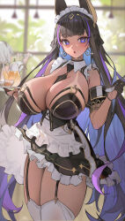 1girl :o absurdres animal_ears apron azur_lane between_breasts bikini bikini_tan black_dress black_gloves black_hair breasts cleopatra_(azur_lane) colored_inner_hair cowboy_shot cup dark-skinned_female dark_skin dress gloves gold_collar half_gloves highres holding holding_spoon holding_tray huge_breasts jackal_ears jackal_girl long_hair looking_at_viewer maid maid_apron maid_headdress multicolored_hair necktie necktie_between_breasts purple_eyes purple_hair solo spoon ssr_(azmr2828) standing star-shaped_pupils star_(symbol) strapless strapless_bikini streaked_hair swimsuit symbol-shaped_pupils tan tanline teapot thighhighs tray very_long_hair white_thighhighs