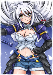 1girl animal_ears armor artist_name blue_jacket braid breasts bustier cleavage dated dog_days fang fur_trim gauntlets hand_on_own_hip highres jacket large_breasts leonmitchelli_galette_des_rois long_hair looking_at_viewer medium_breasts san-pon short_shorts shorts smile white_hair yellow_eyes
