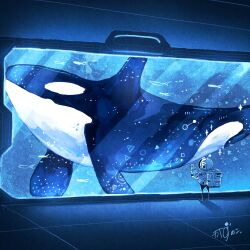 Rule 34 | 1other, absurdres, animal focus, artist name, astronaut, backpack, bag, commentary, fish, gloves, hands up, helmet, highres, kazunoko (kazunoko zunoco), looking at animal, looking outside, orca, original, radio antenna, signature, size difference, space helmet, spacesuit, sparkle, standing, tile floor, tiles, underwater, white gloves
