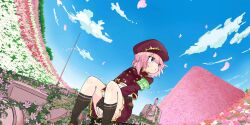 1girl alternate_costume alternate_hair_color alternate_headwear armband black_gloves black_socks blue_eyes blue_sky blush brown_hat brown_skirt buttons cloud day double-breasted epaulettes falling_petals field fingerless_gloves flower flower_field game_cg gloves gold_trim green_armband hat highres kneehighs long_sleeves medium_hair military_vehicle motor_vehicle official_art open_mouth outdoors petals pink_hair pink_petals pleated_skirt red_flower red_hat red_skirt shiki_eiki sitting skirt sky socks solo tank tatutaniyuuto third-party_source touhou touhou_lostword white_flower