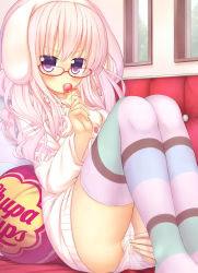10s 1girl absurdres animal_ears bad_id bad_nicoseiga_id blush candy chupa_chups covering_crotch covering_privates female_focus food frown glasses highres lollipop long_hair looking_at_viewer panties pink_hair pink_panties purple_eyes rabbit_ears red-framed_eyewear solo striped_clothes striped_thighhighs tantei_opera_milky_holmes thighhighs thighs tooyama_saku underwear wataru_(zazazazazazawa)