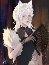 1boy albino animal_ears bishounen cat_boy cat_ears chamilove crossdressing folding_fan fur girly_boy hand_fan highres holding holding_fan light_smile looking_at_viewer male_focus pale_skin pink_eyes solo thriller_trainee zong_jiu