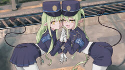2girls absurdres armband ass blue_archive blue_armband demon_tail garrison_cap gloves green_hair hat highres hikari_(blue_archive) interlocked_fingers jordan_reine long_hair multiple_girls nozomi_(blue_archive) open_mouth pantyhose railroad_tracks shorts siblings sisters skirt tail train_station twins very_long_hair white_gloves white_pantyhose yellow_eyes