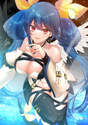1girl absurdres angel_wings artist_name bare_shoulders belt black_background black_panties black_thighhighs blue_hair breasts cleavage detached_sleeves dizzy_(guilty_gear) guilty_gear guilty_gear_xrd hair_ribbon hair_rings highres large_breasts looking_at_viewer mature_female midriff monster_girl nail_polish navel panties red_eyes ribbon rio sidelocks skindentation smile solo sparkle stomach tail tail_ornament tail_ribbon thick_thighs thigh_strap thighhighs thighs twintails underwear water water_drop wings yellow_ribbon