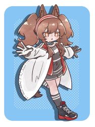 Rule 34 | + +, 1girl, :o, angelina (arknights), animal ears, arknights, black collar, black gloves, black shirt, black shoes, black shorts, black socks, blue background, blush, brown hair, coat, collar, commentary request, earpiece, fox ears, fox girl, fox tail, full body, gloves, hairband, highres, infection monitor (arknights), jacket, kneehighs, long hair, long sleeves, no nose, nunnuje a u e, open clothes, open coat, open jacket, open mouth, orange eyes, outstretched arms, red hairband, red jacket, shirt, shoes, short shorts, shorts, sneakers, socks, solo, spread arms, standing, standing on one leg, striped clothes, striped hairband, tail, twintails, two-tone hairband, white coat