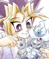 Rule 34 | 1boy, 1girl, black choker, blonde hair, chibi, choker, duel monster, gloves, grey hair, hat, highres, holding, holding staff, long hair, multicolored hair, muto yugi, purple eyes, ryoryoku tya, silent magician, silent magician lv4, smile, staff, tabard, white background, white gloves, white hat, white tabard, wizard hat, yu-gi-oh!