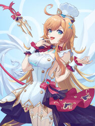 1girl absurdres ahoge apron bear_minstrel blue_eyes breasts chef chef_hat cleavage dress escoffier_(genshin_impact) fake_tail fork_hair_ornament frilled_apron frills garter_straps genshin_impact hair_between_eyes hair_ornament hat highres ice_sculpture large_breasts long_hair looking_at_viewer open_mouth orange_hair sleeveless sleeveless_dress solo tail thighhighs tongue tongue_out white_apron white_thighhighs wrist_cuffs