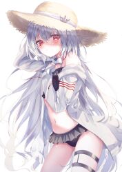 1girl absurdres bikini bikini_skirt black_bikini blush closed_mouth coat commentary_request crown_hat_ornament frilled_bikini frills frown grey_hair hair_between_eyes hair_over_shoulder hand_on_own_chest hand_up hat hat_ornament highres long_hair long_sleeves looking_at_viewer mashilon navel necktie red_eyes ribbon ryogoku_tsukasa single_bare_shoulder single_off_shoulder sleeves_past_wrists specialite_(company) standing straw_hat sunlight swimsuit swimsuit_under_clothes thigh_strap transparent_background very_long_hair wet wet_clothes wet_swimsuit white_coat white_hair white_ribbon