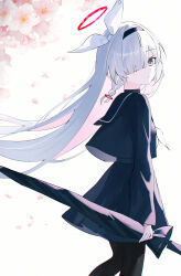 1girl absurdres black_hairband black_pantyhose black_sailor_collar black_shirt black_skirt black_umbrella blue_archive braid closed_mouth colored_inner_hair from_side grey_eyes grey_hair hair_over_one_eye hair_ribbon hairband highres holding holding_umbrella long_hair looking_at_viewer multicolored_hair pantyhose plana_(blue_archive) ribbon sailor_collar shirt sidelocks single_braid skirt solo two-tone_hair umbrella usagi_(786113654) white_hair white_ribbon