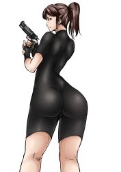 Rule 34 | 1girl, ass, ayuayu (shouyu no sato), beretta 92, black gloves, blue eyes, breasts, brown hair, butt crack, claire redfield, covered erect nipples, cowboy shot, female focus, finger on trigger, fingerless gloves, from behind, gloves, grey hair, gun, handgun, high ponytail, highres, holding, holding gun, holding weapon, kneepits, light smile, lips, long hair, looking at viewer, looking back, nipples, pistol, ponytail, profile, resident evil, resident evil 2, short ponytail, sideboob, sidelocks, simple background, skin tight, smile, solo, standing, thighs, turtleneck, unitard, weapon, white background