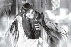 2boys ahoge bishounen blush candle candlestand chinese_clothes closed_eyes couple curtains from_side greyscale hair_ornament hair_ribbon hanfu headband high_ponytail highres hug indoors kiss lan_wangji long_hair long_sleeves looking_at_another male_focus mg_ms_dayo modao_zushi monochrome multiple_boys official_art parted_lips ponytail profile ribbon robe sidelocks sleeves_past_wrists smile statue tassel tassel_hair_ornament third-party_source topknot upper_body very_long_hair wei_wuxian wide_sleeves window window_blinds xiao_guan_(headdress) yaoi