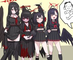 4girls antenna_hair arm_up armband black_choker black_gloves black_hair black_sailor_collar black_serafuku black_skirt black_socks black_thighhighs black_wings blood blood_halo blue_archive breasts choker closed_eyes doodle_sensei_(blue_archive) feathered_wings fingerless_gloves gloves hair_between_eyes hair_ornament hairclip half_gloves halo hasumi_(blue_archive) highres ichika_(blue_archive) large_breasts liquid_halo long_hair long_skirt long_sleeves low_wings mashiro_(blue_archive) melting_halo miniskirt mole mole_under_eye multiple_girls neckerchief okokorika one_eye_closed oversized_wings panties pleated_skirt purple_eyes red_armband red_eyes red_halo red_neckerchief sailor_collar school_uniform sensei_(blue_archive) serafuku short_hair skirt socks standing stretching thighhighs tsurugi_(blue_archive) underwear undone_neckerchief very_long_hair white_panties winged_halo wings
