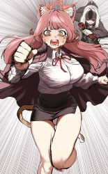 2girls absurdres animal_ear_fluff animal_ears aru_(blue_archive) black_hoodie black_horns blue_archive blush breasts brown_coat brown_horns cat_ears cat_girl cat_tail chasing chroong clenched_hand coat coat_on_shoulders collarbone collared_shirt crying curved_horns demon_horns extra_ears eye_trail fleeing fur-trimmed_coat fur_trim grey_halo hair_intakes halo high-waist_skirt highres holding holding_rope hood hoodie horns kayoko_(blue_archive) large_breasts light_trail long_hair long_sleeves motion_blur motion_lines multicolored_hair multiple_girls neck_ribbon open_mouth panties pantyshot pencil_skirt pink_hair pink_halo ponytail print_hoodie rape_face red_coat red_rope ribbon rope running saliva scared shaded_face shirt skirt smile speed_lines streaked_hair streaming_tears tail tears tented_shirt two-tone_hair underwear white_hair white_panties white_shirt wispy_bangs