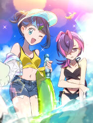 2girls absurdres black_hair blue_eyes blush cowlick crop_top denim denim_shorts dot_(pokemon) dragonite eyelashes gen_1_pokemon hair_ornament hair_over_one_eye hairclip highres holding jacket liko_(pokemon) long_hair looking_at_viewer midriff multicolored_hair multiple_girls nintendo open_mouth pink_hair plus_ta pokemon pokemon_(anime) pokemon_horizons purple_eyes purple_hair shirt shorts smile swim_ring swimsuit tank_top two-tone_hair visor_cap water