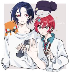 1boy 1girl 8_2ke amate_yuzuriha aqua_eyes beanie black_hat black_necktie blue_hair blush border collared_shirt colored_inner_hair commentary_request conch_(gundam) cropped_torso gloves grey_background gundam gundam_gquuuuuux haro hat highres holding holding_gloves holding_unworn_clothes long_sleeves multicolored_hair necktie non-humanoid_robot open_mouth pom_pom_(clothes) pom_pom_beanie purple_hair red_eyes red_hair red_necktie robot school_uniform shirt short_hair shuji_ito simple_background size_comparison smile striped_necktie sweatdrop sweater two-tone_hair two-tone_necktie unworn_gloves white_border white_shirt