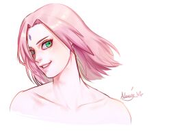1girl bare_shoulders collarbone eyelashes facial_mark forehead_mark green_eyes hair_intakes haruno_sakura medium_hair naruto_(series) naruto_shippuuden pink_hair portrait qjqjqjql signature simple_background solo white_background