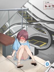 1girl arms_at_sides artist_name bag bench blue_shirt blush bracelet cellphone clothes_writing collarbone commentary_request crying drooling embarrassed escalator faceless faceless_female flat_chest full_body glasses handbag highres indoors jewelry kakuremino7928 knees_together_feet_apart knees_up large_variant_set legs miniskirt mouth_drool nail_polish nose_blush open_mouth original panties pantyshot phone pink_nails pink_panties pleated_skirt public_indecency public_vibrator purple_hair pussy_juice raised_eyebrows red-framed_eyewear remote_control_vibrator revision saliva sandals semi-rimless_eyewear sex_toy shirt short_hair short_sleeves shoulder_bag sidelocks sign signature sitting skirt smartphone solo speech_bubble stairs sweat tears thighs tile_floor tiles toenail_polish toenails translated trembling twitter_username underwear upskirt variant_set vibrator vibrator_under_clothes wet wet_clothes wet_panties white_sandals white_skirt